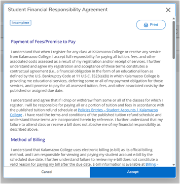 The image shows some of the text of the Student Financial Responsibility Agreement.