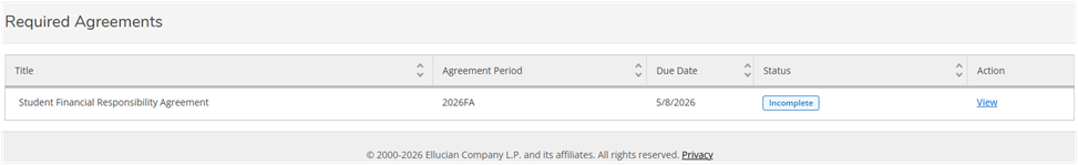 The image shows the Student Financial Responsibility Agreement in Required Agreements, along with a View button.